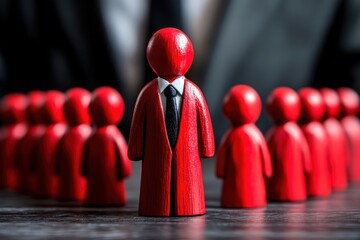 Strategic Leadership: A visual metaphor of leadership and influence, featuring a central red figure in a suit leading a team of smaller, identical figures, symbolizing authority, guidance.