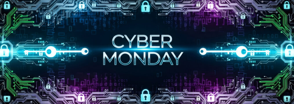Cyber Monday text with digital circuit board, keys, and lock padlock for online shopping and secure data transfer promotion Banner with copy space