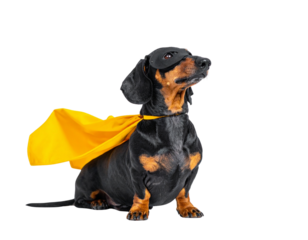 - Cute Dachshund Superhero Sitting Sideways with Yellow Cape Flowing, isolated on transparent background