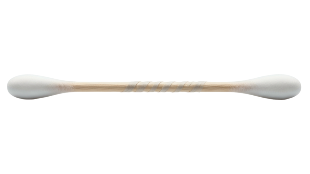 Single hygiene swab featuring cotton tips and a wrapped wooden stick is centered against a black background
