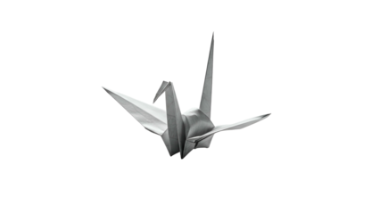 Folded paper bird figure floats against a dark background in monochrome lighting