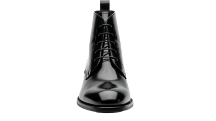 Polished black leather lace up ankle boot presented against a deep black background