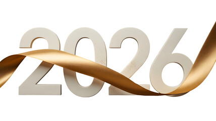 Elegant gold ribbon flowing around the year 2026 isolated on transparent background