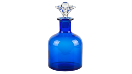 Cobalt blue glass apothecary jar features an ornate clear stopper against a solid black background