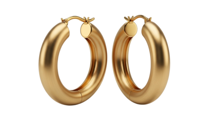 Pair of thick gold hoop earrings displayed against a solid black background