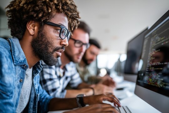 Focused developers coding on desktop computers in a bright modern office, collaborating on a software project, symbolizing teamwork, innovation, and digital problem solving