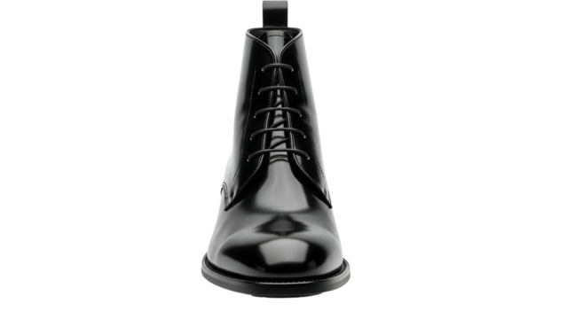 Polished black leather lace up ankle boot presented against a deep black background