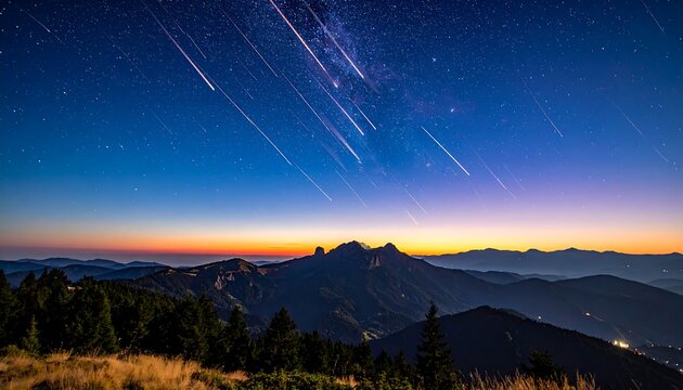 Meteor shower paints the twilight sky above mountainous terrain, fringed by silhouetted trees
