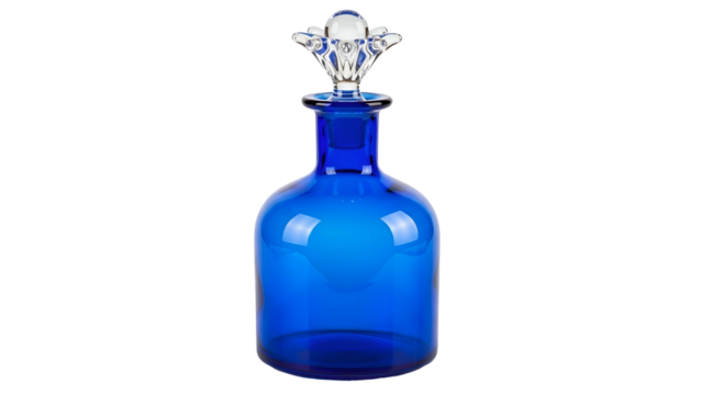 Cobalt blue glass apothecary jar features an ornate clear stopper against a solid black background