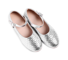 Pair of stylish kid's shoes isolated on white, top view