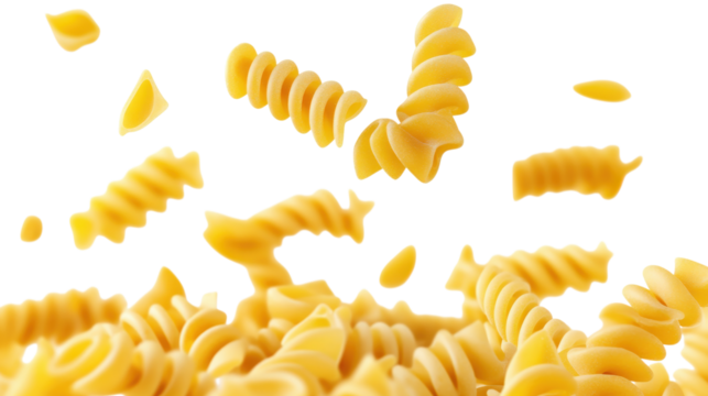 Fusilli pasta pieces falling and piled isolated on a transparent background