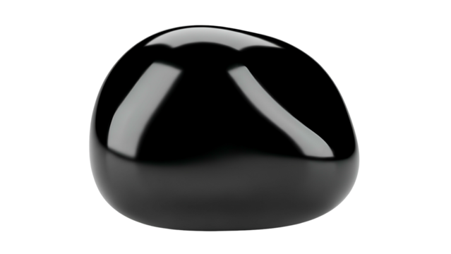 Smooth, highly polished black stone shape rests against a dark background