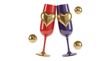 Two champagne flutes with golden hearts and golden spheres isolated on transparent background