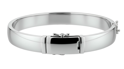 Polished metallic bangle bracelet featuring a secure hinged clasp closure against a black background
