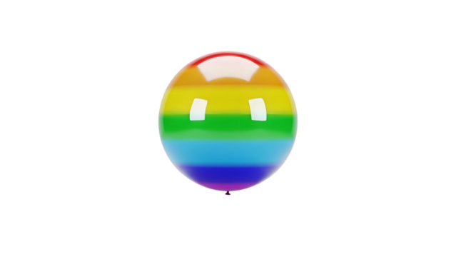 Glossy inflatable sphere displaying vibrant spectrum coloration floating against a dark background