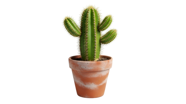 Vibrant green columnar cactus plant flourishes within a simple terracotta container against a dark background