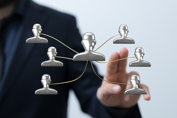 Business professional interacting with a network diagram. Visual representation of teamwork, connectivity, and leadership, fostering unity and c