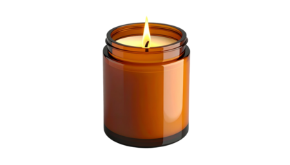 Illuminated wick glows brightly within a translucent amber glass container against a dark background