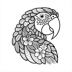 Fototapeta premium Colorful parrot head vector illustration with tropical flowers and leaves detail