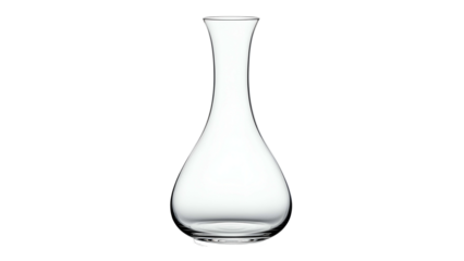 Clear glass beverage decanter stands isolated against a deep black background