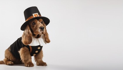 full-body of cocker spaniel wearing pilgrim costume on white background; free space for text