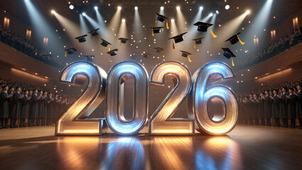 Graduation celebration for class of 2026 in grand auditorium with flying caps