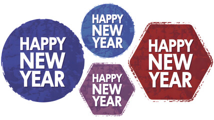 Happy new year text on colorful shapes isolated on transparent background