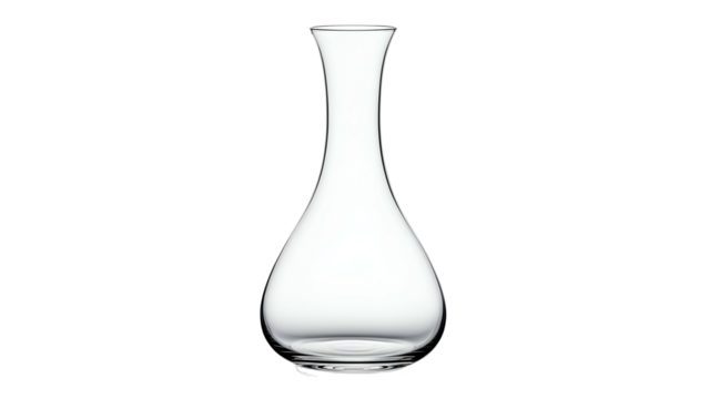 Clear glass beverage decanter stands isolated against a deep black background - Powered by Adobe