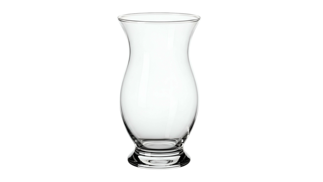 Clear curved glass hurricane candle holder isolated against a solid black background