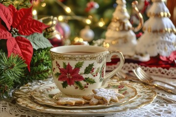 Fototapeta premium Elegant christmas tea setting with festive cookies and holiday decor