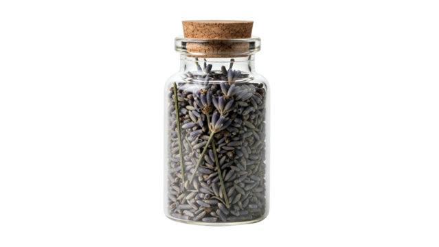 Dried lavender buds and sprigs are sealed inside a small clear glass vial with a cork stopper against a solid black background