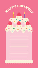 A cute note template designed in the shape of a birthday cake topped with strawberries, candles, and sprinkles. Ideal for invitations, greeting cards, and digital sticker messages.