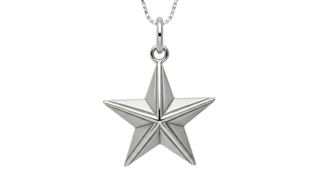 Polished metal five point star pendant suspended from a fine chain against a dark background
