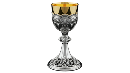 Ornate silver and gold communion chalice displayed against a solid black background