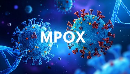 Microscopic depiction Virus particles and DNA strand floating in a dark, blue atmosphere with MPOX overlayed