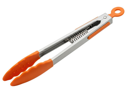 Stainless steel kitchen tongs with orange silicone tips for cooking and serving