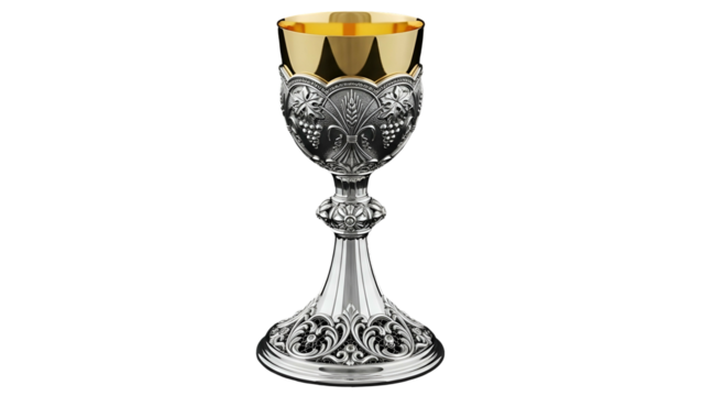Ornate silver and gold communion chalice displayed against a solid black background