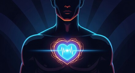 Illustration of male silhouette with glowing blue heart symbol