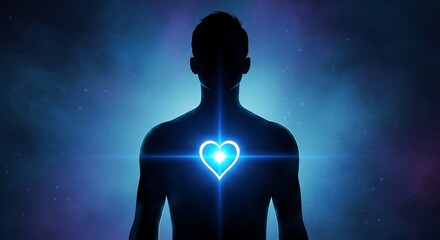 Illustration of male silhouette with glowing blue heart symbol