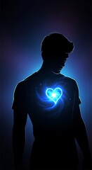 Illustration of male silhouette with glowing blue heart symbol