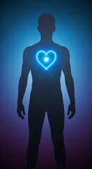 Illustration of male silhouette with glowing blue heart symbol