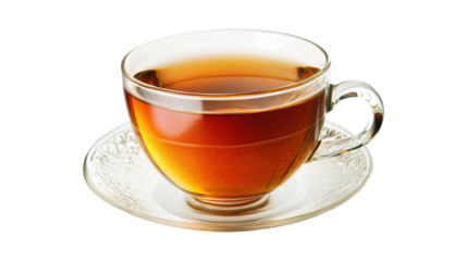 Glass cup of amber tea isolated on a transparent background