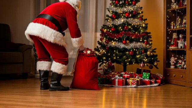 Santa claus delivering christmas presents under tree on christmas eve in cozy living room.