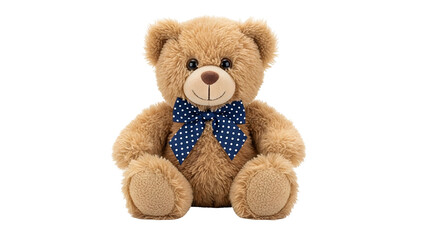 Obraz premium Fluffy brown stuffed animal with a blue and white polka dot bow tie sits against a dark background