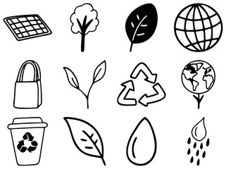 Hand Drawn Eco Doodle Clipart Set | Sustainability, Recycling, Solar Panel, Earth, Tree & Leaves Line Art | Black and White Environment Icons | Green Energy Clip Art for Posters & Eco Projects