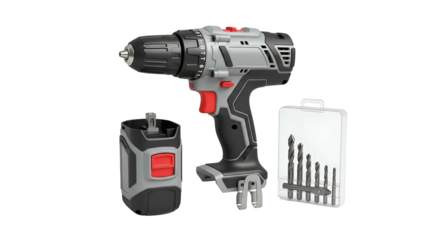 Cordless power drill set with battery pack and drill bit assortment displayed against black background