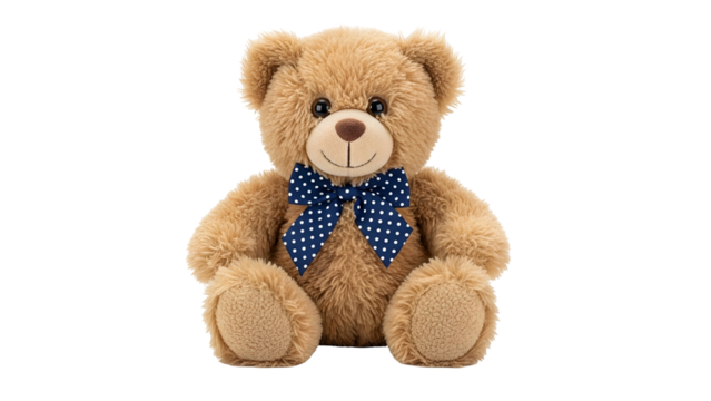 Fluffy brown stuffed animal with a blue and white polka dot bow tie sits against a dark background