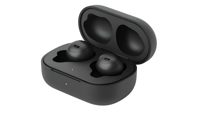 Modern wireless audio devices rest inside their open charging case against a dark background