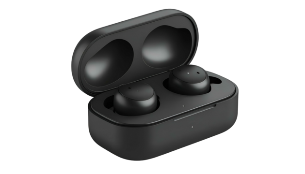 Compact black wireless earphones resting inside their charging case with the lid open