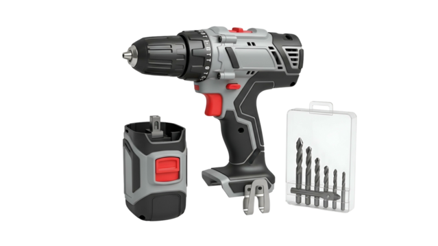 Cordless power drill set with battery pack and drill bit assortment displayed against black background